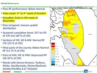 Rainfall Performance
• Poor RF performance: Below Normal
• False onset: 3rd
to 4th
week of October
• Cessation: Early in 4th week of
December.
• Poor temporal, Uneven spatial
distribution
• Seasonal cumulative Amnt: 257 Vs LTA
of 370 mm (69 % of LTA)
• Sections of MC, KE & KW: Normal RF
(76-125 % of LTA)
• Most parts of the county: Below Normal
RF (51-75 % of LTA)
• Parts of MN, MC & MW: Depressed RF
(26-50 % of LTA)
• Wards with Severe Dryness: Tseikuru,
Waita, Voo/Kyamatu, Kiomo/Kyethani,
Zombe/Mwitika & E/ Malalani
 