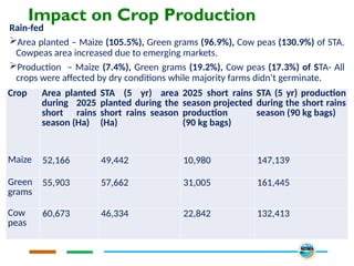 Impact on Crop Production
Rain-fed
Area planted – Maize (105.5%), Green grams (96.9%), Cow peas (130.9%) of STA.
Cowpeas area increased due to emerging markets.
Production – Maize (7.4%), Green grams (19.2%), Cow peas (17.3%) of STA- All
crops were affected by dry conditions while majority farms didn’t germinate.
Crop Area planted
during 2025
short rains
season (Ha)
STA (5 yr) area
planted during the
short rains season
(Ha)
2025 short rains
season projected
production
(90 kg bags)
STA (5 yr) production
during the short rains
season (90 kg bags)
Maize 52,166 49,442 10,980 147,139
Green
grams
55,903 57,662 31,005 161,445
Cow
peas
60,673 46,334 22,842 132,413
 