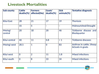 Livestock Mortalities
Sub county Cattle
deaths(%)
Farmers
affected(No)
Goats’
deaths(%)
Sick
animals(%)
Tentative diagnosis
Kitui East 28 21 17 19 Theriosis
15 5 - - Malnourished/Drought
Mwingi
central
20 18 20 46 Tickborne disease and
Blackquarter
Kitui central 40 11 0.8 < 1 Tickborne diseases
Mwingi west 28.5 1 0 83 Anthrax in cattle; Sheep
&Goats in goats
Kitui west 0 2 11 1.8 Mixed infections
Kitui south 0 8 33 34 Mixed infections
 