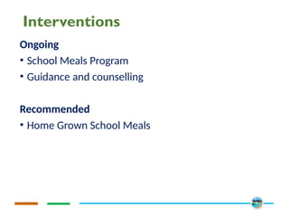 Interventions
Ongoing
• School Meals Program
• Guidance and counselling
Recommended
• Home Grown School Meals
 