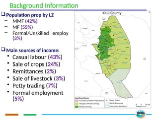 Background Information
Population prop by LZ
– MMF (42%}
– MF (55%)
– Formal/Unskilled employ
(3%)
Main sources of income:
• Casual labour (43%)
• Sale of crops (24%)
• Remittances (2%)
• Sale of livestock (3%)
• Petty trading (7%)
• Formal employment
(5%)
 