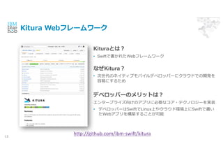Kitura Webե``
13
KituraȤϣ
? SwiftǕ줿Webե``
ʤKitura
? Υͥƥ֥Хǥ٥åѩ`˥饦ɤǤ_k
פˤ뤿
ǥ٥åѩ`ΥåȤϣ
󥿩`ץ饤򤱤Υץ˱Ҫʥ?ƥΥ`gװ
? ǥ٥åѩ`SwiftLinuxϤ䥯饦ɭhϤSwiftǕ
Webץ򘋺B뤳Ȥ
http://github.com/ibm-swift/kitura
 