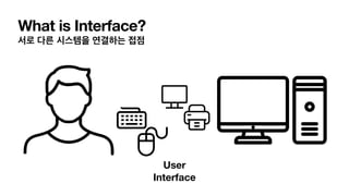 What is Interface?
서로 다른 시스템을 연결하는 접점
User
Interface
 