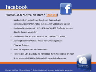 facebookfacebook SeitenEine Person muss nicht für ei Unternehmen stehen! - Administratoren einsetzenRegistrieren - Profil  anlegen - vollständig ausfüllenFirmen/Fan Seite(n) erstellenGemeinschaftsseite anlegenGruppen-Seite Lokales Geschäft (facebook Orte Seite) 