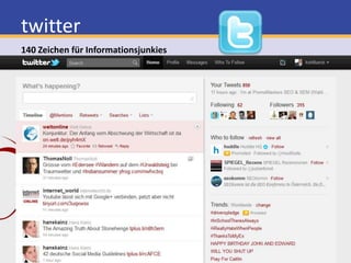 twitterSmall is informationalTop-100-Unternehmen weltweit nutzen eher Twitter als Facebooktwitter ist ein kostenfreier Dienst zum Posten von 140 Zeichen Kurznachrichten, ähnlich SMS auch via SmartphoneBekannt seit Hudson Flugzeug Landung „There's a plane in the Hudson. I'm on theferrygoing ...”Postings (Zwitschern)@Person #Hashtag (Thema)retweet- RT @kohlfuerstURLs kürzen mittels TinyURL, Goo.gl und anderenOrt hinzufügen 