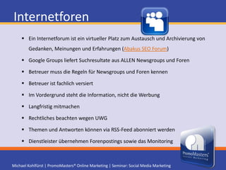 Blogs und NewsfeedsBlogs (Salzkammergut Blog)Derzeit gibt es schätzungsweise +300 Millionen Blogs (Google Blog) Blogs bestanden ursprünglich aus Ausschnitten, Hinweisen und Links aus dem Web. Diese Aufgabe haben nun twitter und facebook übernommenBlogs sind aktuell, kurz und chronologisch geordnetBlogs benachrichtigen (pingen) Suchmaschinen bei neuen InhaltenBlog auf eigener Homepage mit kostenloser Software wie Wordpress.org mit Themes und Plugins oder direkt beim Anbieter wie Wordpress.comBlogs dienen kleinen Unternehmen / Projekten als Homepage Ersatz Google BlogSearch hilft beim Recherchieren - jedoch unvollständig 