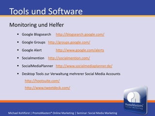 Social Media MarketingRisiken"Domain Grabber" sichern sich Ihre Vanity URLFakeProfile werden von Betrügern angelegt (seit 1.1.2011 - 5 Jahre Gefängnis - CA Law)Privates und Berufliches zu wenig getrennt (Fotos, Spiele)Verzetteln und den ganzen Tag damit verbringenAlles wird gespeichert – nichts wird wirklich gelöschtJeder kann Ihre Inhalte kommentierenVerlust des Fokus auf die eigene Homepage... denn Plattformen können in Beliebtheit wechseln