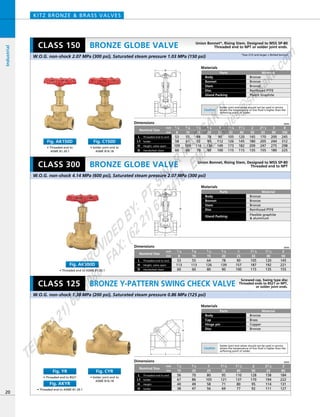 H
L
D
H
L
D
H
L
Dimensions mm
mm
inch
70
86
49
47
80
105
58
56
95
121
71
69
110
137
80
77
128
170
95
92
158
194
114
111
184
222
131
127
3／4
20
1
25
11／4
32
11／2
40
56
67
40
38
1／2
15
2
50
21／2
65
3
80
Nominal Size
Threaded end to end
Solder
Height
L
L1
H
SolderH
Materials
Parts
Body
Bonnet
Stem
Disc
Gland Packing
Material
Bronze
Bronze
Bronze
Reinfoced PTFE
Flexible graphite
& aluminum
Dimensions mm
mm
inch
78
95
136
90
90
112
149
100
105
126
173
115
120
145
182
115
145
180
209
135
170
205
247
155
200
244
275
180
3／4
20
55
61
109
60
3／8
10
64
72
116
70
1／2
15
53
58
109
60
1／4
8
1
25
11／4
32
11／2
40
2
50
21／2
65
3
80
245
312
298
225
4
100
Handwheel diamD
Nominal Size
Threaded end to end
Solder
Height, valve open
L
L1
H
Materials
Parts
Body
Cap
Hinge pin
Disc
Material
Bronze
Brass
Copper
Bronze
BRONZE GLOBE VALVE
KITZ BRONZE & BRASS VALVES
Materials
Parts
Body
Bonnet
Stem
Disc
Gland Packing
Material
Bronze
Bronze
Bronze
Reinfoced PTFE
Plastic Graphite
20
BRONZE GLOBE VALVE
BRONZE Y-PATTERN SWING CHECK VALVE
Industrial
W.O.G. non-shock 2.07 MPa (300 psi), Saturated steam pressure 1.03 MPa (150 psi)
W.O.G. non-shock 1.38 MPa (200 psi), Saturated steam pressure 0.86 MPa (125 psi)
W.O.G. non-shock 4.14 MPa (600 psi), Saturated steam pressure 2.07 MPa (300 psi)
CLASS 150
CLASS 300
CLASS 125
Union Bonnet, Rising Stem, Designed to MSS SP-80
Threaded end to NPT
Union Bonnet*, Rising Stem, Designed to MSS SP-80
Threaded end to NPT or solder joint ends.
Screwed cap, Swing type disc
Threaded ends to BS21 or NPT,
or solder joint ends.
Caution
Solder joint end valves should not be used in service
where the temperature of line fluid is higher than the
softening point of solder.
Caution
Solder joint end valves should not be used in service
where the temperature of line fluid is higher than the
softening point of solder.
• Threaded end to ASME B1.20.1
Fig. AK300D
Dimensions mm
mm
inch
55
113
60
64
126
80
78
139
90
90
157
100
105
187
115
120
192
135
145
221
155
1／2
15
3／4
20
3／8
10
53
113
60
1／4
8
1
25
11／4
32
11／2
40
2
50
Nominal Size
Threaded end to end
Handwheel diam
L
Height, valve openH
D
• Threaded end to BS21
Fig. YR
• Threaded end to ASME B1.20.1
Fig. AKYR
• Solder joint end to
ASME B16.18
Fig. CYR
• Threaded end to
ASME B1.20.1
Fig. AK150D
• Solder joint end to
ASME B16.18
Fig. C150D
*Size 21/2 and larger = Bolted bonnet
PROVIDED
BY:
PT.SINAR
MAS
SAKTI
TEL:(6221)6008088
FAX:(6221)6293410
EMAIL:sales@
sm
sakti.com
 