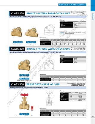 H
L
H
L
H
L
D
Materials
Parts
Body
Cap
Hinge pin
Disc
Material
Bronze
Brass
Copper
Bronze
Materials
Parts
Body
Cap
Hinge pin
Disc
Material
Bronze
Bronze
Copper
Bronze
Dimensions mm
mm
inch
Nominal Size
Threaded end to end
Handwheel diam
L
Height, valve openH
D
Materials
Parts
Body
Bonnet
Stem
Disc
Gland Packing
Material AS Designation
Brass
Brass
Brass
Brass
Plastic Graphite
AS 2345
AS 2345
AS 2345
AS 2345
Asbestos free
packing
KITZ BRONZE & BRASS VALVES
21
BRONZE Y-PATTERN SWING CHECK VALVE
BRONZE Y-PATTERN SWING CHECK VALVE
BRASS GATE VALVE AS 1628
Industrial
Screwed cap, Swing type disc,
Designed to MSS SP-80
Threaded ends to BS21 or NPT
Screwed Bonnet, Non-rising Stem,
Designed to AS 1628-2001
Threaded ends to AS 1722.1
W.O.G. non-shock 2.07 MPa (300 psi), Saturated steam pressure 1.03 MPa (150 psi)
Working temperature and pressure, non-shock 99ºC /1.7 MPa
W.O.G. non-shock 4.14 MPa (600 psi), Saturated steam pressure 2.07 MPa (300 psi)
CLASS 300
CLASS 150
CLASS 300
Screwed cap, Swing type disc,
Designed to MSS SP-80 Type 3
Threaded ends to NPT or
solder joint ends.
Caution
Solder joint end valves should not be used in service
where the temperature of line fluid is higher than the
softening point of solder.
• Australian Standard AS 1628 Lic No 2054
Fig. AS-FH
• Threaded end to
ASME B1.20.1
Fig. AK150YR
• Solder joint end to
ASME B16.18
Fig. C150YR
• Threaded end to BS21
Fig. 300YR
• Solder joint end to ASME B1.20.1
Fig. AK300YR
Dimensions mm
mm
inch
72
86
49
84
105
58
99
121
70
113
137
79
131
170
95
162
194
114
186
222
132
3／4
20
60
67
39
1／2
15
54
61
39
3／8
10
1
25
11／4
32
11／2
40
2
50
21／2
65
3
80
Nominal Size
Threaded end to end
Solder
Height
L
L1
H
Dimensions mm
mm
inch
Nominal Size
Threaded end to end
Height, valve open
L
H
60
42
72
51
84
61
99
74
113
83
131
98
1／2
15
3／4
20
1
25
11／4
32
11／2
40
2
50
55
74
50
60
86
55
68
94
60
78
116
70
81
128
80
94
158
90
1／2
15
3／4
20
1
25
11／4
32
11／2
40
2
50
PROVIDED
BY:
PT.SINAR
MAS
SAKTI
TEL:(6221)6008088
FAX:(6221)6293410
EMAIL:sales@
sm
sakti.com
 