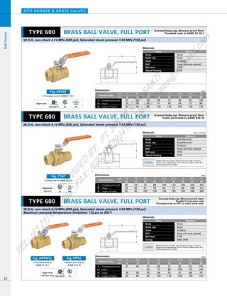 H
D
L
H
D
L
H
D
L
Dimensions mm
mm
inch
73
51
100
88
59
130
100
64
130
115
73
150
140
80
150
163
108
198
187
122
300
3／4
20
54
42
82
1／2
15
46
39
82
3／8
10
1
25
11／4
32
11／2
40
2
50
21／2
65
3
80
Nominal Size
Threaded end to end
Height
Length of Handle
L
H
D
Materials
Parts
Body
Body cap
Stem
Ball
Ball seat
O-ring
Material
Brass
Brass
K-Metal
Brass (chrome plated)
PTFE
NBR, FKM
Dimensions mm
mm
inch
60
73
48
100
72
88
55
130
82
100
61
130
92
115
68
150
105
140
76
150
3／4
20
1
25
11／4
32
11／2
40
53
54
39
82
1／2
15
42
36
82
3／8
10
41
36
82
1／4
8
2
50
Nominal Size
Threaded end to end
Solder
Height
L
L1
H
Length of HandleD
BRASS BALL VALVE, FULL PORT
KITZ BRONZE & BRASS VALVES
Materials
Parts
Body
Body cap
Stem
Ball
Ball seat
Gland Packing
Material
Brass
Brass
K-Metal
Brass (chrome plated)
PTFE
PTFE
22
BRASS BALL VALVE, FULL PORT
BRASS BALL VALVE, FULL PORT
BallValves
W.O.G. non-shock 4.14 MPa (600 psi), Saturated steam pressure 1.03 MPa (150 psi)
W.O.G. non-shock 4.14 MPa (600 psi), Saturated steam pressure 1.03 MPa (150 psi)
Maximum pressure temperature limitation: 150 psi at 300ºF
W.O.G. non-shock 4.14 MPa (600 psi), Saturated steam pressure 1.03 MPa (150 psi)
Materials
Parts
Body
Body cap
Stem
Ball
Ball seat
Gland Packing
Material
Brass/Bronze*
Brass/Bronze*
K-Metal
Brass (chrome plated)
PTFE
PTFE
TYPE 600
TYPE 600
TYPE 600
Screwed body cap, Blowout-proof Stem
Solder joint ends to ASME B16.18
Screwed body cap, Blowout-proof Stem
Threaded ends to ASME B1.20.1
Screwed body cap, Blowout-proof stem.
Double O-ring stem seals
Threaded ends to NPT or solder joint ends.
Caution
Solder joint end valves should not be used in service
where the temperature of line fluid is higher than the
softening point of solder.
Caution
Solder joint end valves should not be used in service
where the temperature of line fluid is higher than the
softening point of solder.
Dimensions mm
mm
inch
42
39
82
53
42
82
60
51
100
72
59
130
82
64
130
92
73
150
105
80
150
1／2
15
3／4
20
3／8
10
41
39
82
1／4
8
1
25
11／4
32
11／2
40
2
50
Nominal Size
Threaded end to end
Length of Handle
L
HeightH
D
• Threaded end to
ASME B1.20.1
Fig. AKTAFLL
• Solder joint end to
ASME B16.18
Fig. CTFLL
Fig. AKTAF
*Size 21/2 & 3
Approvals
CSA (US/C) UL FM
• Threaded end to ASME B1.20.1
Fig. CTAF
• Solder end to ASME B16.18
Approvals
UL(up to 2)
*AKTAFLL only
FM
Approvals
*
CSA (US/C) UL
PROVIDED
BY:
PT.SINAR
MAS
SAKTI
TEL:(6221)6008088
FAX:(6221)6293410
EMAIL:sales@
sm
sakti.com
 
