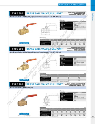 D
H
L
D
H
L
E
D
H
L
Materials
Parts
Body
Body cap
Stem
Ball
Ball seat
Gland Packing
Material
Brass
Brass
K-Metal
Brass (chrome plated)
PTFE
PTFE
Materials
Parts
Body
Body cap
Stem
Ball
Ball seat
O-ring
Material
Brass
Brass
K-Metal
Brass (chrome plated)
PTFE
NBR, FKM
Materials
Parts
Body
Body cap
Stem
Ball
Ball seat
Gland Packing
Material
Brass
Brass
K-Metal
Brass (chrome plated)
PTFE
PTFE
Dimensions mm
mm
inch
74
39
82
85
48
100
103
55
130
1／2
15
3／4
20
1
25
Nominal Size
Threaded end to end
Length of Handle
L
HeightH
D
Dimensions mm
mm
inch
52
39
82
63
42
82
75
51
100
88
59
130
98
64
130
113
73
150
126
80
150
1／2
15
3／4
20
3／8
10
52
39
82
1／4
8
1
25
11／4
32
11／2
40
2
50
Nominal Size
Threaded end to end
Length of Handle
L
HeightH
D
Dimensions mm
mm
inch
42
39
4.1
81
53
42
4.1
81
60
51
4.1
100
72
59
4.1
130
82
64
4.1
130
92
73
4.1
150
105
80
4.1
150
1／2
15
3／4
20
3／8
10
41
38
4.1
81
1／4
8
1
25
11／4
32
11／2
40
2
50
Nominal Size
Threaded end to end
Length of Handle
L
HeightH
Exhoust holeE
D
KITZ BRONZE & BRASS VALVES
25
BRASS BALL VALVE, FULL PORT
BRASS BALL VALVE, FULL PORT
BRASS BALL VALVE, FULL PORT
BallValves
Safety exhaust, Screwed body cap,
Blowout-proof stem, Latch lock handle
Threaded ends to ASME B1.20.1
W.O.G. non-shock 4.14 MPa (600 psi), Saturated steam pressure 1.03 MPa (150 psi)
W.O.G. non-shock 1.38 MPa (200 psi)
W.O.G. non-shock 4.14 MPa (600 psi), Saturated steam pressure 1.03 MPa (150 psi)
TYPE 600
TYPE 600
TYPE 200
Single union, Screwed body cap,
Blowout-proof Stem,
Threaded ends to ASME B1.20.1
Threaded and x Hose connection
Screwed body cap, Blowout-proof stem,
Double O-ring stem seals
(ASME B1.20.1 x Barbed hose connection)
Fig. AKTAFB
● Barbed connector is sized to accept standard hose I.D. matching valve pipe size
● Exhaust hole diameter : 4.1mm (all nominal size)
Fig. AKTAFU
• Threaded end to ASME B1.20.1
Fig. AKTAFS
• Threaded end to ASME B1.20.1
PROVIDED
BY:
PT.SINAR
MAS
SAKTI
TEL:(6221)6008088
FAX:(6221)6293410
EMAIL:sales@
sm
sakti.com
 