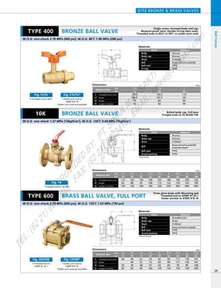 H
L
D
E
H
L
D
H
L
L1
D
Dimensions mm
mm
inch
90.5
89.5
79
82
103.5
107.5
83
82
119
124
90
94
1／2
15
3／4
20
1
25
Nominal Size
Threaded end to end
Length of Handle
L
SolderL1
HeightH
D
Dimensions mm
mm
inch
120
88
130
130
95
160
140
100
160
165
115
230
180
122
230
190
153
400
200
162
400
3／4
20
110
85
130
1／2
15
1
25
11／4
32
11／2
40
2
50
21／2
65
3
80
230
190
460
4
100
Nominal Size
Threaded end to end
Height
Length of Handle
L
H
D
W.O.G. non-shock 2.76 MPa (400 psi), W.O.G. 80ºC 1.96 MPa (286 psi)
Materials
Parts
Body
Body cap
Stem
Ball
Ball seat
O-ring
Material
Bronze
Bronze
K-Metal
Brass (chrome plated)
PTFE
FKM
Materials
Parts
Body
Body cap
Stem
Ball
Ball seat
Grand packing
Material
Bronze
Bronze
K-Metal
Brass (chrome plated)/
Stainless Steel*
PTFE
PTFE
*Size 4 only
KITZ BRONZE & BRASS VALVES
29
BRONZE BALL VALVE
BRONZE BALL VALVE
BallValves
W.O.G. non-shock 1.37 MPa (14kgf/cm2
), W.O.G. 150ºC 0.68 MPa (7kgf/cm2
)
10K
TYPE 400
• Flanged ends to JIS 10K
Fig. TB
Single union, Screwed body and cap,
Blowout-proof stem, Double O-ring stem seals,
Threaded ends to BS21 or NPT, or solder joint ends
Bolted body cap, Full bore
Fringed ends to JIS B2240 10K
Dimensions mm
mm
inch
70
73
55
100
83
83
63
130
99
99
69
130
117
117
78
150
139
139
85
150
167
167
108
200
3／4
20
49
49
39
82
3／8
10
61
61
48
82
1／2
15
49
39
82
1／4
8
1
25
11／4
32
11／2
40
2
50
21／2
65
Nominal Size
Threaded end to end
Height
Length of Handle
L
SolderL1
H
D
Materials
Parts
Body
Body cap
Stem
Ball
Ball seat
Grand packing
Material
Brass/Bronze*
Brass
K-Metal
Brass (chrome plated)
PTFE
PTFE
*Size 21/2 only
BRASS BALL VALVE, FULL PORT
W.O.G. non-shock 2.76 MPa (600 psi), W.O.G. 150ºC 1.03 MPa (150 psi)
TYPE 600
Three piece body with Mounting pad
Threaded end to ASME B1.20.1
Solder jointed to ASME B16.18
*Solder joint ends are available
• Threaded end to BS21
Fig. TLTU
• Solder joint end to
ASME B16.18
Fig. CTLTU*
*Solder joint ends are available
• Threaded end to
ASME B1.20.1
Fig. AK3TM
• Solder joint end to
ASME B16.18
Fig. C3TM*
PROVIDED
BY:
PT.SINAR
MAS
SAKTI
TEL:(6221)6008088
FAX:(6221)6293410
EMAIL:sales@
sm
sakti.com
 