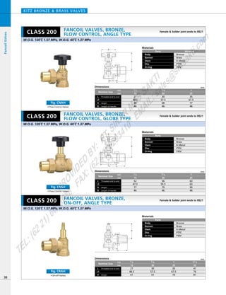 L
L1
D
H
D
H
L1
L
L1
L
H
Materials
Parts
Body
Bonnet
Stem
Disc
O-ring
Bronze
Brass
K-Metal
PTFE
FKM
Materials
Parts
Body
Bonnet
Stem
Disc
O-ring
Bronze
Brass
K-Metal
PTFE
FKM
Materials
Parts
Body
Bonnet
Stem
Disc
O-ring
Material
Bronze
Brass
K-Metal
PTFE
FKM
Dimensions mm
mm
inch
Nominal Size
Threaded end to end
Length of Handle
L
HeightH
D
30
57.5
68
46
35
67.5
77
46
3／4
20
27
48.5
68
46
1／2
15
1
25
Dimensions mm
mm
inch
Nominal Size
Threaded end to end
Length of Handle
L
HeightH
D
56
55.5
79
46
63
63
90
46
3／4
20
52
47.5
77
46
1／2
15
1
25
Dimensions mm
mm
inch
27
48.5
61
30
57.5
61
35
67.5
70
41
76
81
1／2
15
3／4
20
1
25
11／4
32
Nominal Size
Threaded end to endL
L1
L1
L1
HeightH
KITZ BRONZE & BRASS VALVES
38
FancoilValves
CLASS 200
CLASS 200
CLASS 200
• On-off Valves
Fig. CRAH
• Flow Control Valves
Fig. CNAH
• Flow Control Valves
Fig. CNSH
W.O.G. 120ºC 1.57 MPa, W.O.G. 60ºC 1.37 MPa
Female & Solder joint ends to BS21
W.O.G. 120ºC 1.57 MPa, W.O.G. 60ºC 1.37 MPa
Female & Solder joint ends to BS21
W.O.G. 120ºC 1.57 MPa, W.O.G. 60ºC 1.37 MPa
Female & Solder joint ends to BS21
FANCOIL VALVES, BRONZE,
FLOW CONTROL, ANGLE TYPE
FANCOIL VALVES, BRONZE,
FLOW CONTROL, GLOBE TYPE
FANCOIL VALVES, BRONZE,
ON-OFF, ANGLE TYPE
PROVIDED
BY:
PT.SINAR
MAS
SAKTI
TEL:(6221)6008088
FAX:(6221)6293410
EMAIL:sales@
sm
sakti.com
 