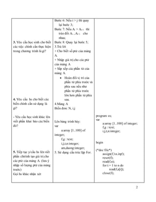 2
3. Yêu cầu học sinh cho biết
các việc chính cần thực hiện
trong chương trình là gì?
4. Yêu cầu hs cho biết các
biến chính cần sử dụng là
gì?
- Yêu cầu học sinh khác lên
viết phần khai báo các biến
đó?
5. Tiếp tục y/cầu hs lên viết
phần chtrình tạo giá trị cho
các ptử của mảng A. (lưu ý
nhập số lượng ptử của mảng
trước)
Gọi hs khác nhận xét
Bước 6: Nếu i > j thì quay
lại bước 3;
Bước 7: Nếu Ai > Ai+1 thì
tráo đổi Ai , Ai+1 cho
nhau;
Bước 8: Quay lại bước 5;
3.Trả lời
+ Cho biết số ptử của mảng
A.
+ Nhập giá trị cho các ptử
của mảng A
+ Sắp xếp các phần tử của
mảng A.
 Hoán đổi vị trí của
phần tử phía trước và
phía sau nếu như
phần tử phía trước
lớn hơn phần tử phía
sau.
4.Mảng A
Biến đơn: N, i,j
Lên bảng trình bày:
var
a:array [1..100] of
integer;
f,g : text;
i,j,t,n:integer;
am,duong:integer;
5. Sử dụng cấu trúc lặp For.
program sx;
var
a:array [1..100] of integer;
f,g : text;
i,j,t,n:integer;
begin
(*doc file*)
assign(f,'sx.inp');
reset(f);
read(f,n);
for i:= 1 to n do
read(f,a[i]);
close(f);
 