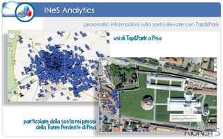 ANALYTICS SOSTA
geoanalisi: informazioni sulla sosta rilevate con Tap&Park
usi di Tap&Park a Pisa
particolare della sosta nei pressi
della Torre Pendente di Pisa
 