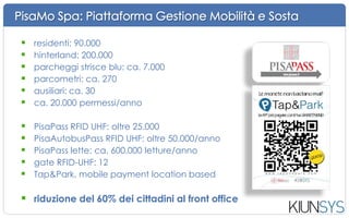 PA e Aziende Mobilità: benefici intangibili
 abbattimento costi di investimento
• grazie all’architettura cloud, nessun investimento in infrastruttura ICT
• rapida l’implementazione e il rollout dei nuovi servizi
 abbattimento costi di gestione
• oltre 200 voci di menù e oltre 100 report
• sostanziale annullamento della carta
• contenimento dell’allocazione di personale agli sportelli
• significativa riduzione delle contestazioni
 razionalizzazione dei sistemi informativi
• architettura orientata ai servizi (SOA) che consente l’integrazione con
sistemi di terze parti: anagrafe, varchi ZTL, parcometri, PMV, ACI, PRA, ecc.
 controlli in tempo reale e monitoraggio gestione
• dati occupazione sosta
• grazie alle MobilityPass, dettagliate matrici Origine-Destinazione
• analisi economiche
• parcheggi liberi/occupati/paganti
 
