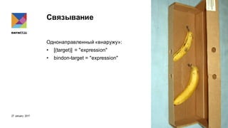 27 January 2017
Связывание
Однонаправленный «внаружу»:
• [(target)] = "expression"
• bindon-target = "expression"
 