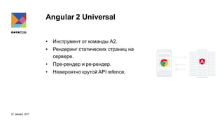 27 January 2017
Angular 2 Universal
• Инструмент от команды A2.
• Рендеринг статических страниц на
сервере.
• Пре-рендер и ре-рендер.
• Невероятно крутой API refence.
 