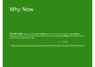 Why Now
World wide, there are about 300 million persons trying to start about  150 million
businesses. About one third will be launched, so you can  assume 50 million new firm births per
year. Or about 137,000 per day.
————Quora
https://www.quora.com/How-many-startups-are-created-in-the-US-and-worldwide-each-year
 