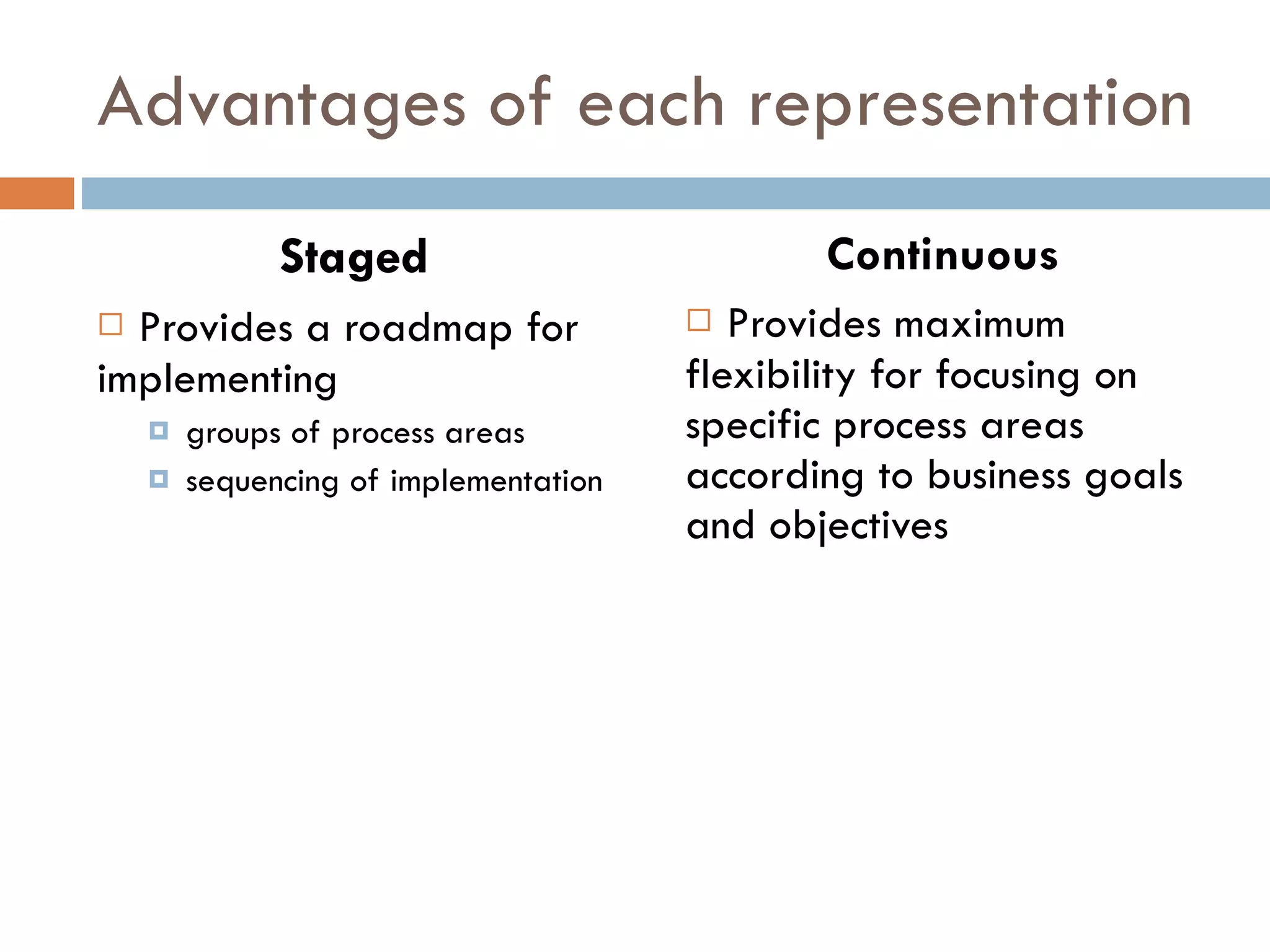Advantages of each representation Staged Provides a roadmap for implementing groups of process areas sequencing of implementation Continuous Provides maximum flexibility for focusing on specific process areas according to business goals and objectives 
