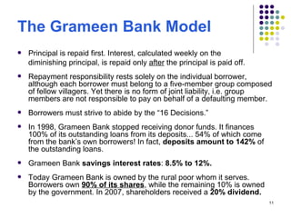 The Grameen Bank Model Principal is repaid first. Interest, calculated weekly on the  diminishing principal, is repaid only  after  the principal is paid off.  Repayment responsibility rests solely on the individual borrower, although each borrower must belong to a five-member group composed of fellow villagers. Yet there is no form of joint liability, i.e. group members are not responsible to pay on behalf of a defaulting member.  Borrowers must strive to abide by the “16 Decisions.” In 1998, Grameen Bank stopped receiving donor funds. It finances 100% of its outstanding loans from its deposits... 54% of which come from the bank’s own borrowers! In fact,  deposits amount to   142%  of the outstanding loans.  Grameen Bank  savings interest rates :  8.5% to 12%.   Today Grameen Bank is owned by the rural poor whom it serves. Borrowers own  90% of its shares , while the remaining 10% is owned by the government. In 2007, shareholders received a  20% dividend. 