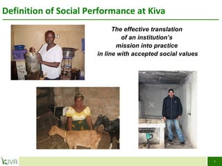 Definition of Social Performance at Kiva SOCIAL PERFORMANCE TASK FORCE The effective translation  of an institution’s  mission into practice  in line with accepted social values 