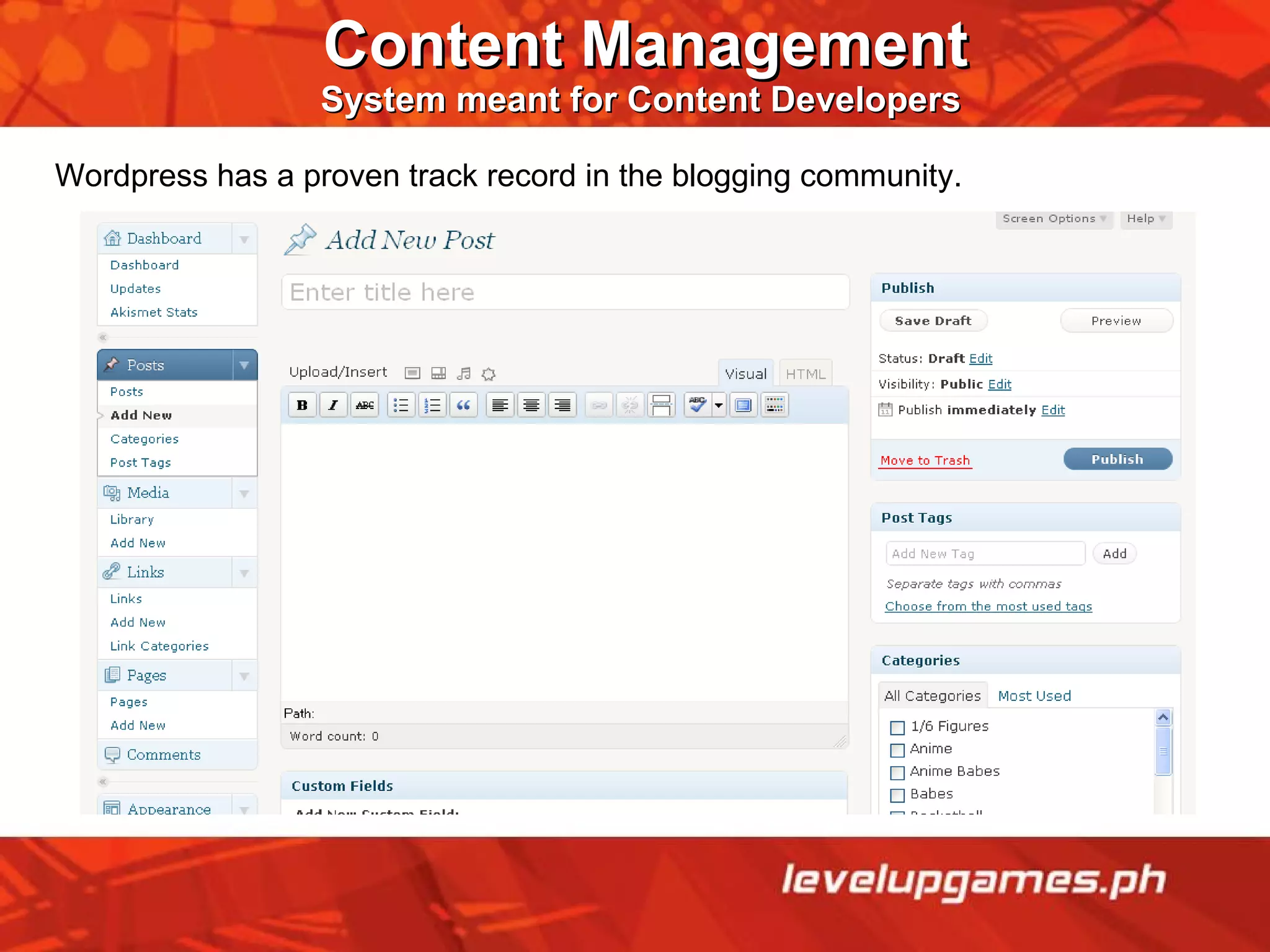 Content Management System meant for Content Developers  Wordpress has a proven track record in the blogging community.  