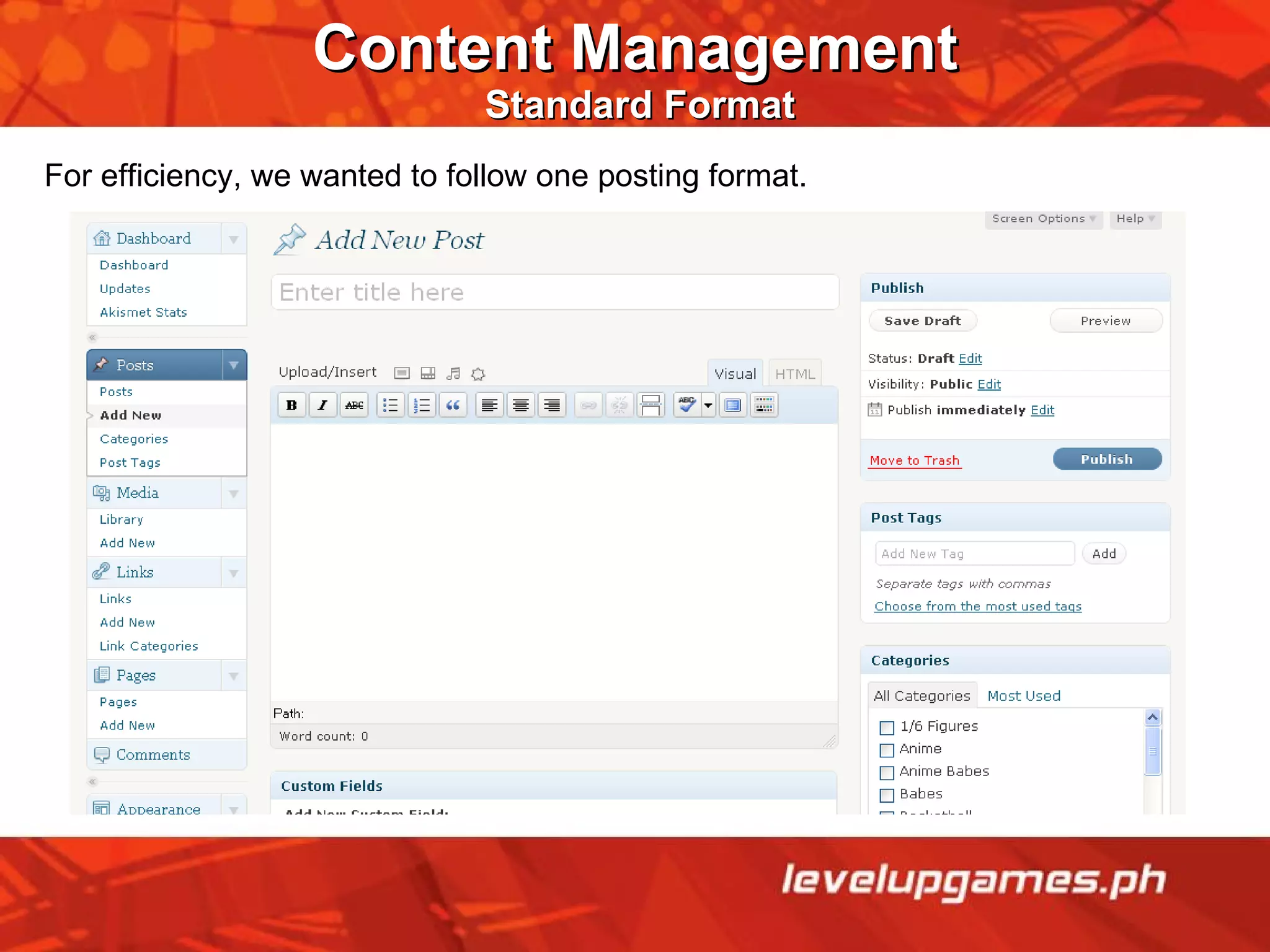 Content Management   Standard Format For efficiency, we wanted to follow one posting format.  