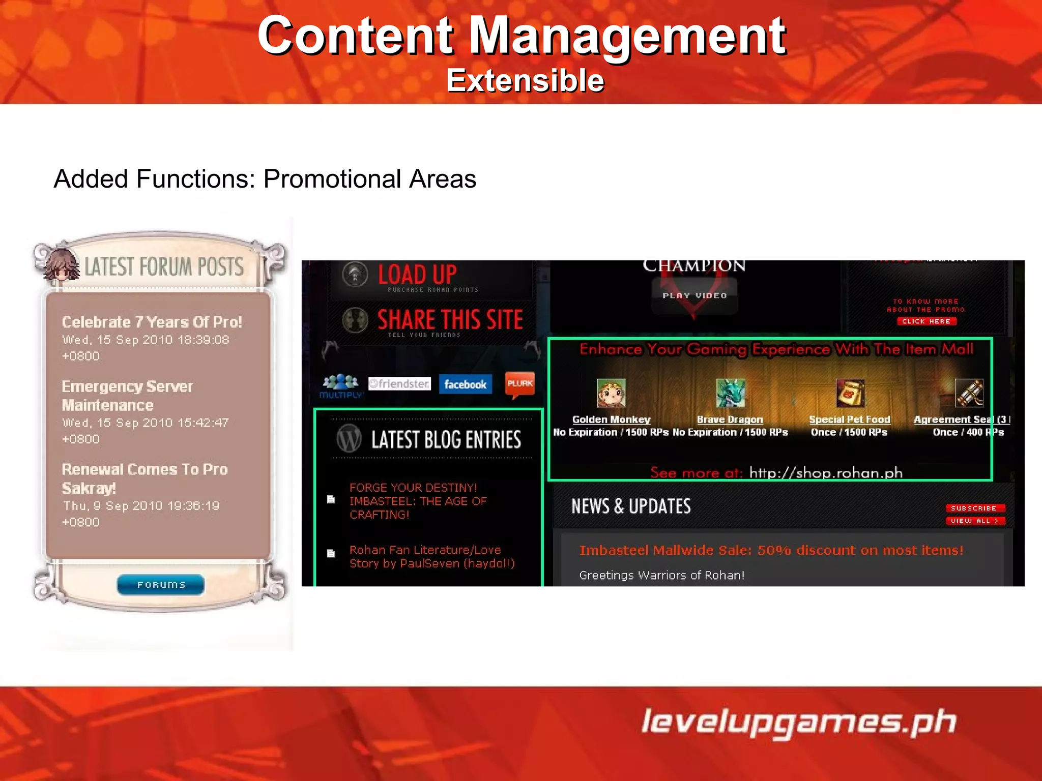 Added Functions: Promotional Areas Content Management   Extensible 