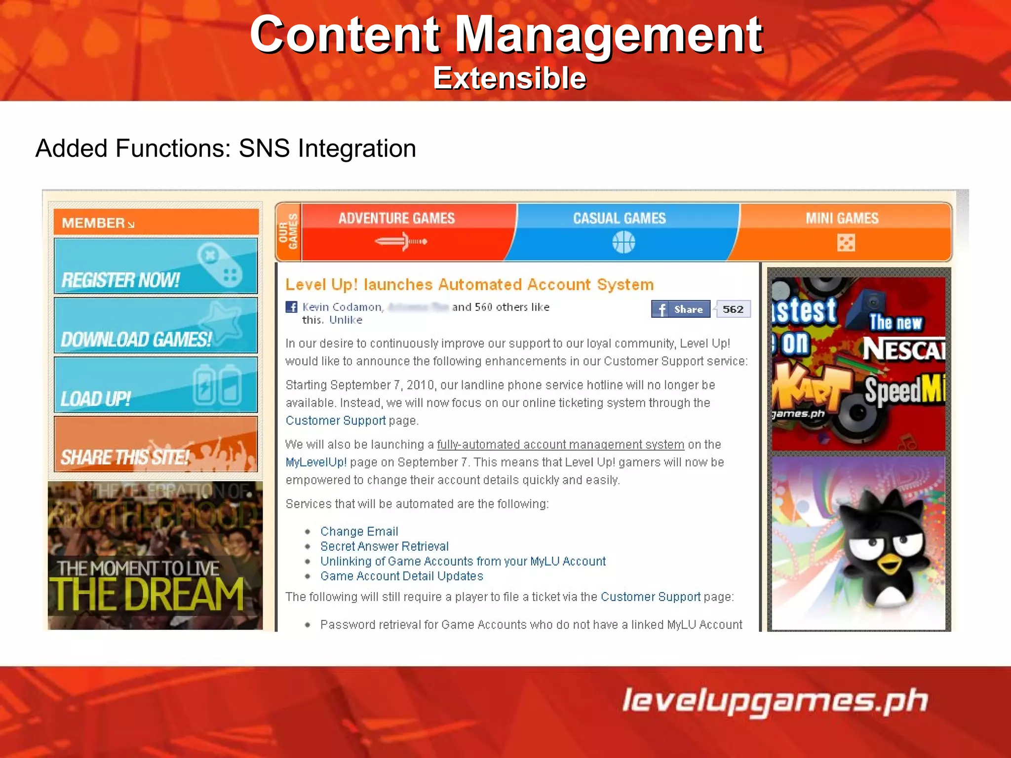 Added Functions: SNS Integration Content Management   Extensible 