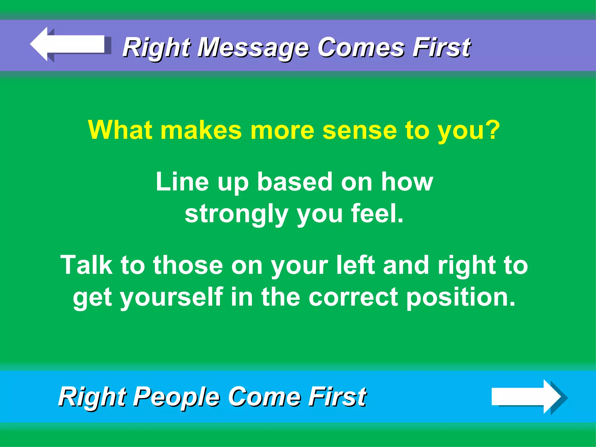 Right Message Comes First


  What makes more sense to you?
       Line up based on how
         strongly you feel.
Talk to those on your left and right to
 get yourself in the correct position.


Right People Come First
 
