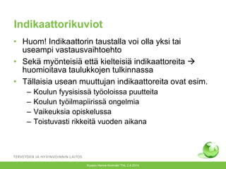 Indikaattorikuviot
• Huom! Indikaattorin taustalla voi olla yksi tai
useampi vastausvaihtoehto
• Sekä myönteisiä että kielteisiä indikaattoreita 
huomioitava taulukkojen tulkinnassa
• Tällaisia usean muuttujan indikaattoreita ovat esim.
– Koulun fyysisissä työoloissa puutteita
– Koulun työilmapiirissä ongelmia
– Vaikeuksia opiskelussa
– Toistuvasti rikkeitä vuoden aikana
Kuopio Hanne Kivimäki THL 2.4.2014
 