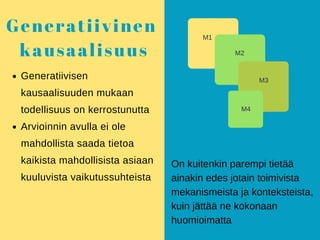Generatiivisen
kausaalisuuden mukaan
todellisuus on kerrostunutta
Arvioinnin avulla ei ole
mahdollista saada tietoa
kaikista mahdollisista asiaan
kuuluvista vaikutussuhteista
Generatiivinen
kausaalisuus
On kuitenkin parempi tietää
ainakin edes jotain toimivista
mekanismeista ja konteksteista,
kuin jättää ne kokonaan
huomioimatta
M4
M1
M2
M3
 