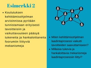 Esimerkki 2
Koulutuksen
kehittämisohjelman
arvioinnissa pyritään
tunnistamaan erityisesti
tavoitteisiin ja
vaikuttavuuteen pääsyä
tukeneita ja hankaloittaneita
foorumiin liittyviä
mekanismeja
Miten kehittämisohjelman
laadintaprosessi vaikutti
tavoitteiden saavuttamiseen?
Millaisia tukevia ja
hankaloittavia mekanismeja
laadintaprosessiin liittyi?
 