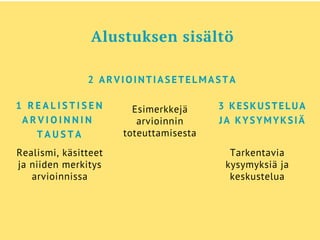 Alustuksen sisältö
Realismi, käsitteet
ja niiden merkitys
arvioinnissa
Esimerkkejä
arvioinnin
toteuttamisesta
Tarkentavia
kysymyksiä ja
keskustelua
1 R E A L I S T I S E N
A R V I O I N N I N 
T A U S T A
3 KESKUSTELUA
JA KYSYMYKSIÄ
2 ARVIOINTIASETELMASTA
 