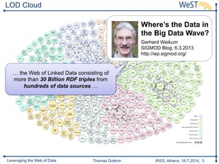 Thomas Gottron IRSS, Athens, 18.7.2014, 5Leveraging the Web of Data
LOD Cloud
… the Web of Linked Data consisting of
more than 30 Billion RDF triples from
hundreds of data sources …
Gerhard Weikum
SIGMOD Blog, 6.3.2013
http://wp.sigmod.org/
Where’s the Data in
the Big Data Wave?
 