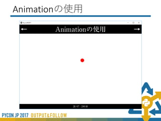 Animation
• 動きを付ける
• start
• stop
使用例：メニューの表示などに使う
 