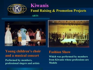 Kiwanis
Fund Raising & Promotion Projects
ARTS

Young children’s choir
and a musical concert
Performed by members,
professional singers and artists

Fashion Show
Which was performed by members
from Kiwanis whose professions are
Models

 