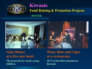 Kiwanis
Fund Raising & Promotion Projects
DINNER

Gala Dinner
at a five star hotel

Wine, Dine and Cigar
at a restaurant,

The proceeds for needy young
children

20 % of the bill is donated to
Kiwanis

 