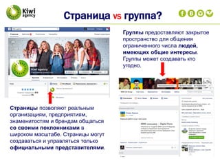 Страница VS группа?
Страницы позволяют реальным
организациям, предприятиям,
знаменитостям и брендам общаться
со своими поклонниками в
широком масштабе. Страницы могут
создаваться и управляться только
официальными представителями.
Группы предоставляют закрытое
пространство для общения
ограниченного числа людей,
имеющих общие интересы.
Группы может создавать кто
угодно.
 