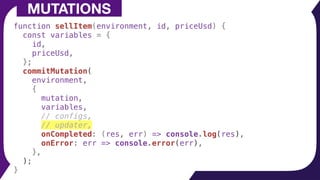 function sellItem(environment, id, priceUsd) {
const variables = {
id,
priceUsd,
};
commitMutation(
environment,
{
mutation,
variables,
// configs,
// updater,
onCompleted: (res, err) => console.log(res),
onError: err => console.error(err),
},
);
}
MUTATIONS
 