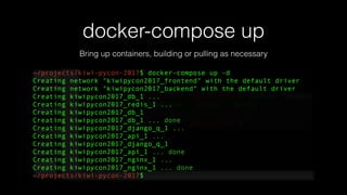 docker-compose up
Bring up containers, building or pulling as necessary
 