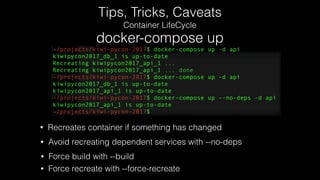 Tips, Tricks, Caveats
Container LifeCycle
docker-compose up
• Recreates container if something has changed
• Avoid recreating dependent services with --no-deps
• Force build with --build
• Force recreate with --force-recreate
 