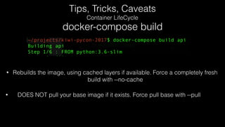 Tips, Tricks, Caveats
Container LifeCycle
docker-compose build
• Rebuilds the image, using cached layers if available. Force a completely fresh
build with --no-cache
• DOES NOT pull your base image if it exists. Force pull base with --pull
 