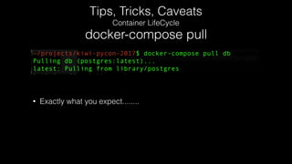 Tips, Tricks, Caveats
Container LifeCycle
docker-compose pull
• Exactly what you expect........
 