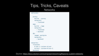 Tips, Tricks, Caveats
Networks
Source: https://docs.docker.com/compose/networking/#specify-custom-networks
 