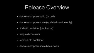 Release Overview
• docker-compose build (or pull)
• docker-compose scale (updated service only)
• ﬁnd old container (docker ps)
• stop old container
• remove old container
• docker-compose scale back down
 