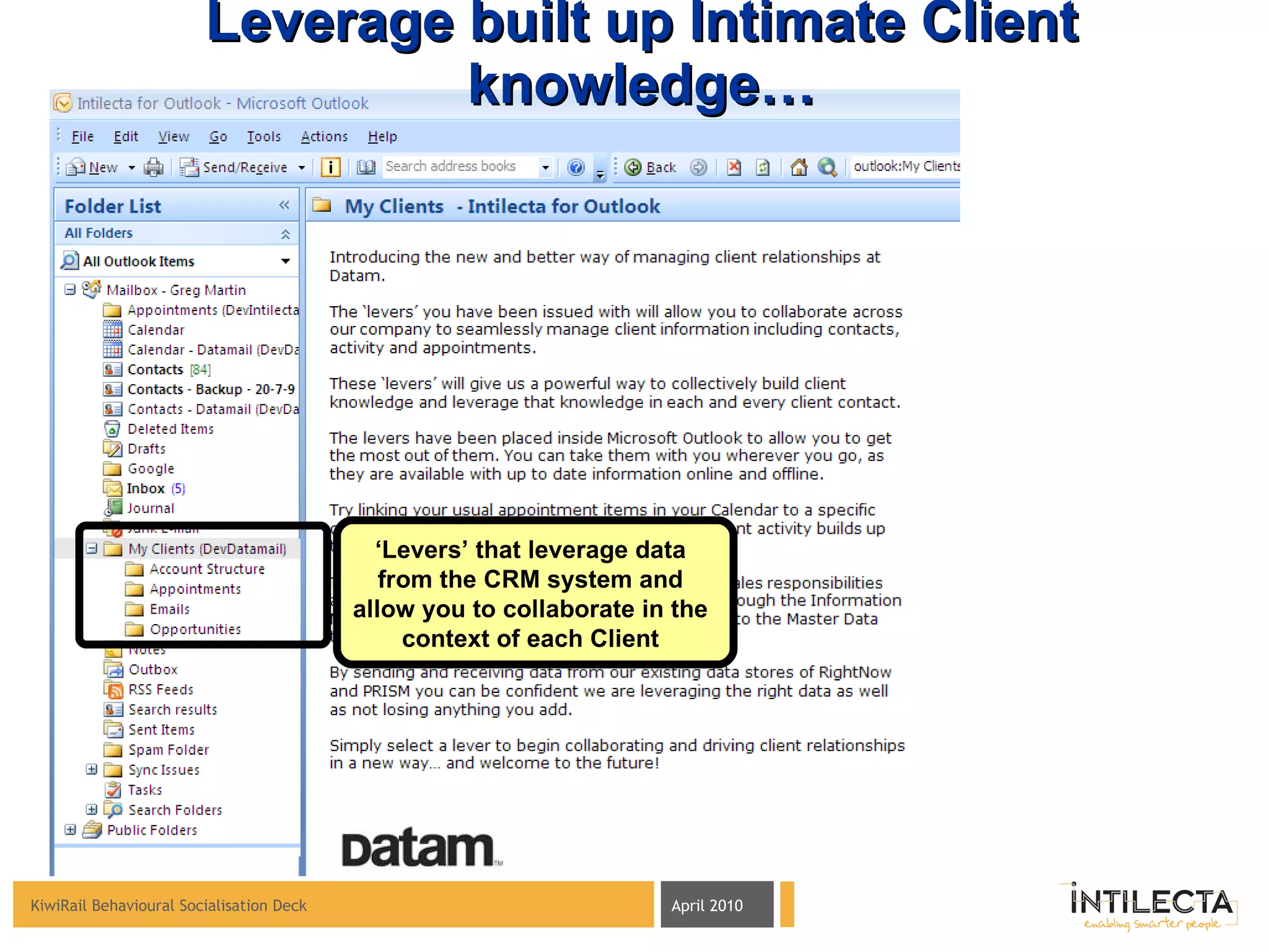 Leverage built up Intimate Client knowledge… ‘ Levers’ that leverage data from the CRM system and allow you to collaborate in the context of each Client 