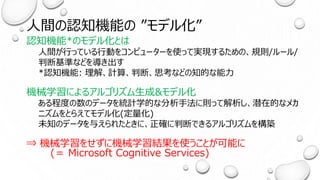 人間の認知機能の ”モデル化”
認知機能*のモデル化とは
人間が行っている行動をコンピューターを使って実現するための、規則/ルール/
判断基準などを導き出す
*認知機能: 理解、計算、判断、思考などの知的な能力
機械学習によるアルゴリズム生成&モデル化
ある程度の数のデータを統計学的な分析手法に則って解析し、潜在的なメカ
ニズムをとらえてモデル化(定量化)
未知のデータを与えられたときに、正確に判断できるアルゴリズムを構築
⇒ 機械学習をせずに機械学習結果を使うことが可能に
(＝ Microsoft Cognitive Services)
 
