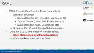 XAML
• XAML for each Plex Function Panel (local effect)
– Definition of Control
• Name (Identification, consistent via Control ID)
• Type of Control (Label, Edit, Pushbutton etc)
• Event Definition (Click, DoubleClick etc)
– Style ( == Plex Control State) A Set of properties
• XAML for EXE (Global effect for Process space)
– Style (Referenced by all function Styles)
– Common Resources, such as Color
© 2016 CM First Group All Rights Reserved. 7
 